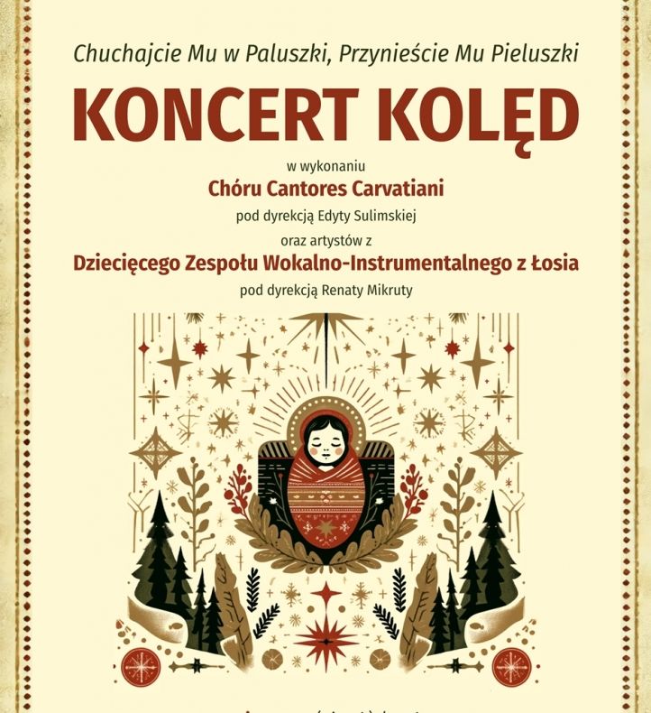 Grafika do koncertu kolęd - Dzieciątko Jezus, choinki i gwiazdy