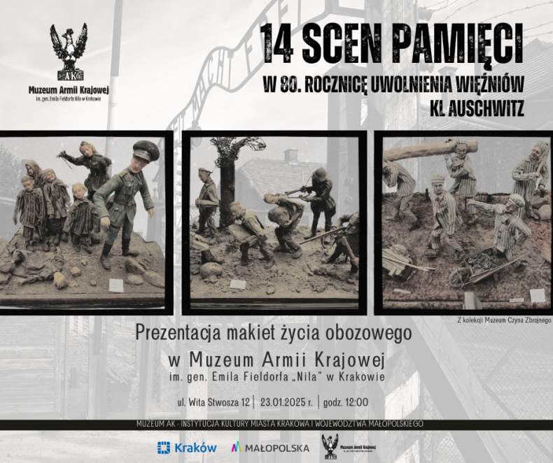 Grafika związan z wystawą „14 scen pamięci. W 80. rocznicę uwolnienia więźniów KL Auschwitz”.