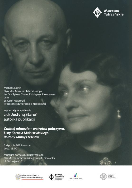 plakat zapraszający na wydarzenie - grafika to przede wszystkim archiwalne zdjęcie Kornela Makuszyńskiego z małżonką 