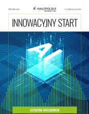 Okładka periodyku Innowacyjny Start. Na granatowym tle jasne litery AI skierowane przodem do góry.