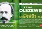 Plakat. Rysunek twarzy i napis Karol Olszewski. Wynalazca skroplonego tlenu.