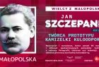 Plakat. Rysunek twarzy i napis Jan Szczepanik. Twórca prototypu kamizelki kuloodpornej