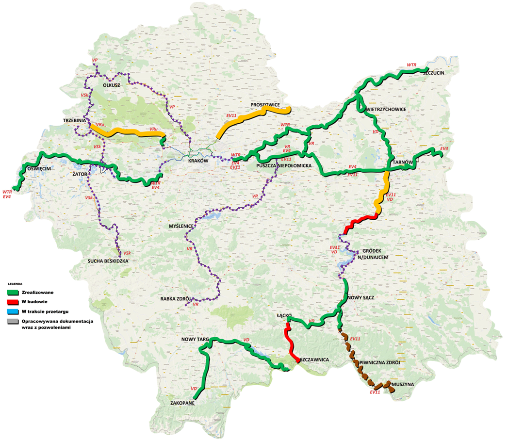 mapa z przebiegiem VeloMałopolska pod koniec 2019 r.