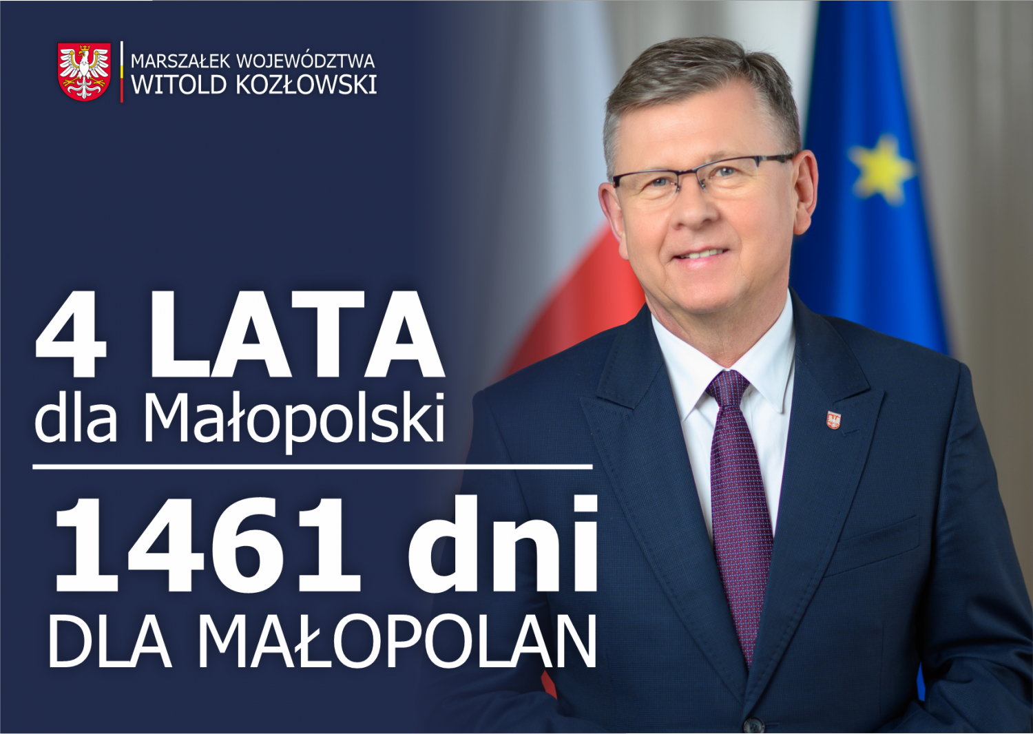 Grafika informacyjna: na niebieskim tle i ze zdjęciem marszałka Małopolski duży napis: 4 lata dla Małopolski, 1461 dni dla Małopolan.
