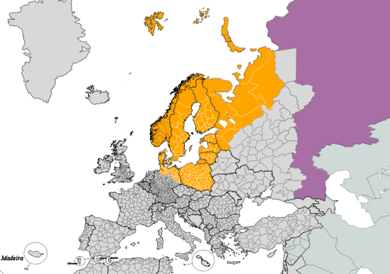 Mapka Europy z obszarem wsparcia programu Interreg Region Morza Bałtyckiego