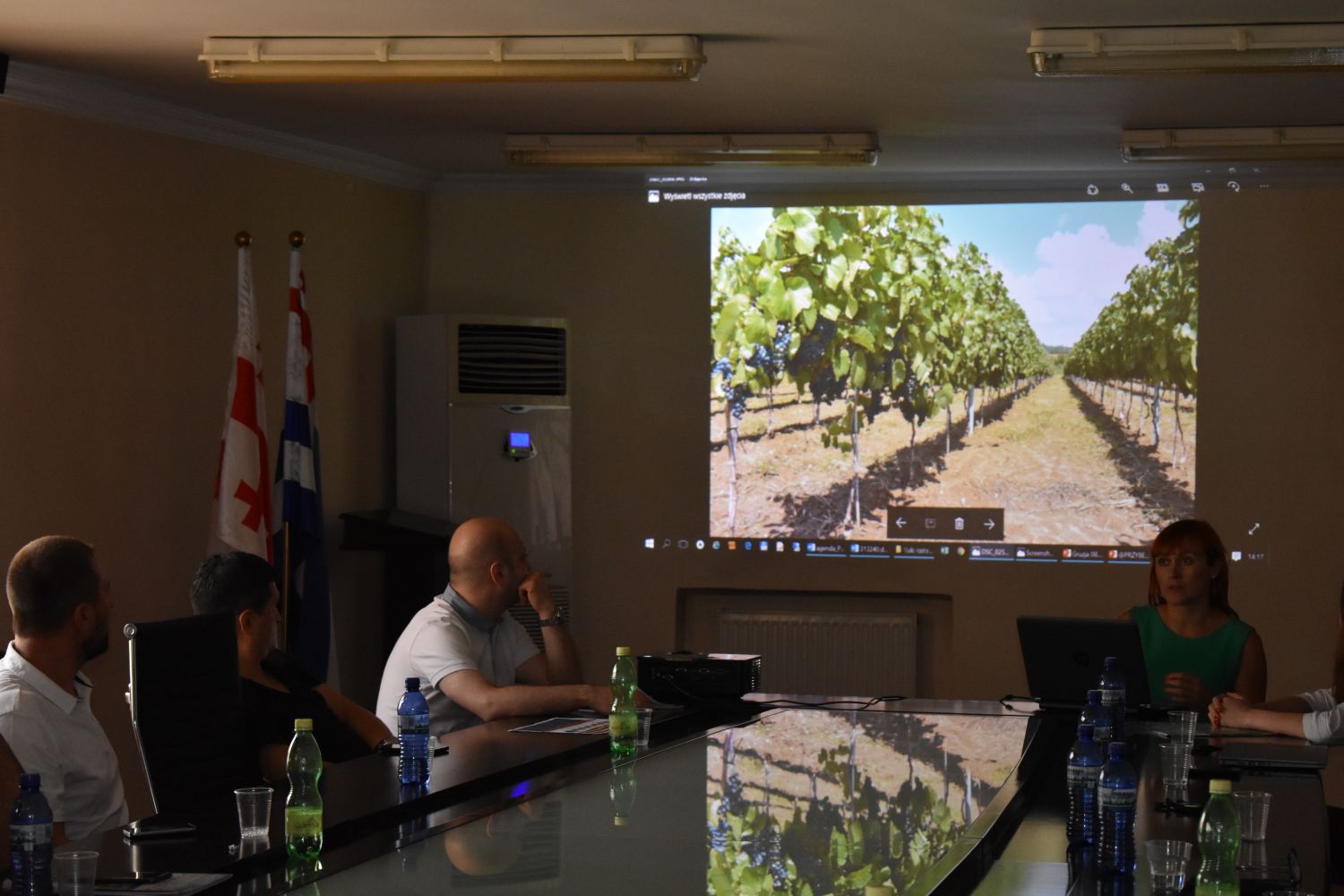 Na zdjęciu widać salke konferencyjną, przyciemnione światło. Na ścianie wyświetlona prezentacja multimedialna (zdjęcie winnicy). Przy stole konferencyjnym siedzą osoby i oglądają pezentację, którą pokazuje kobieta siedząca tyłem do prezentacji a przodem do słuchaczy.