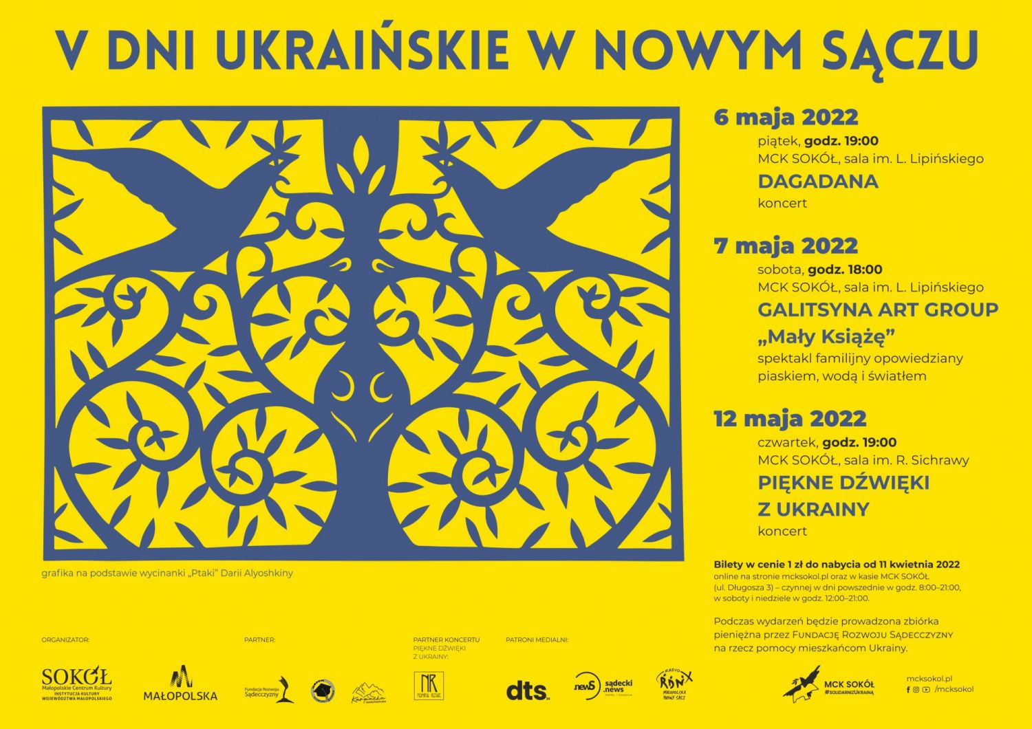 Dni Ukraińskie - plakat wydarzenia - niebieska grafika folk na żółtym tle