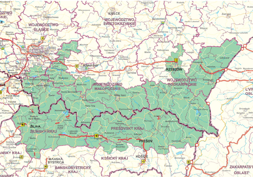 Mapa z obszarem wsparcia programu Interreg Polska - Słowacja
