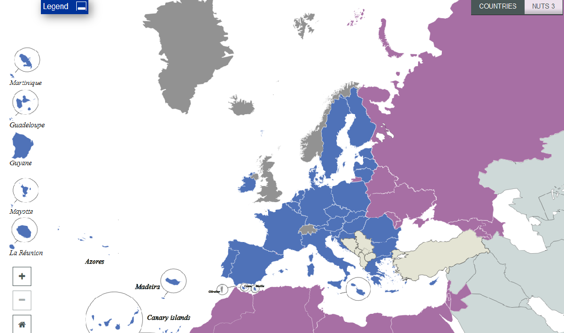 Mapa Europy ilustrująca obszar wsparcia programami EWT.