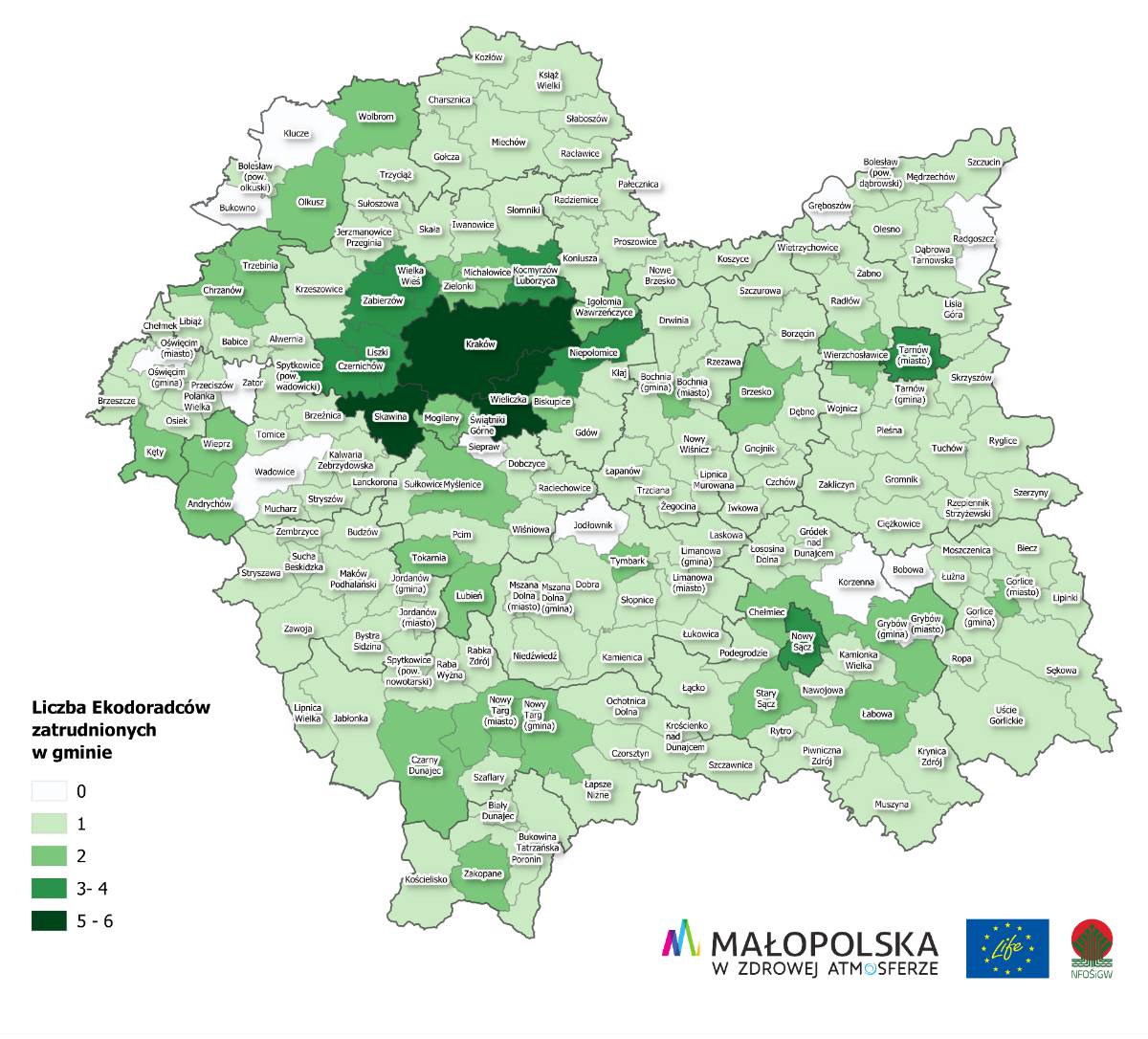 Mapka przedstawiająca liczbę ekodoradców zatrudnionych w różnych gminach Małopolski