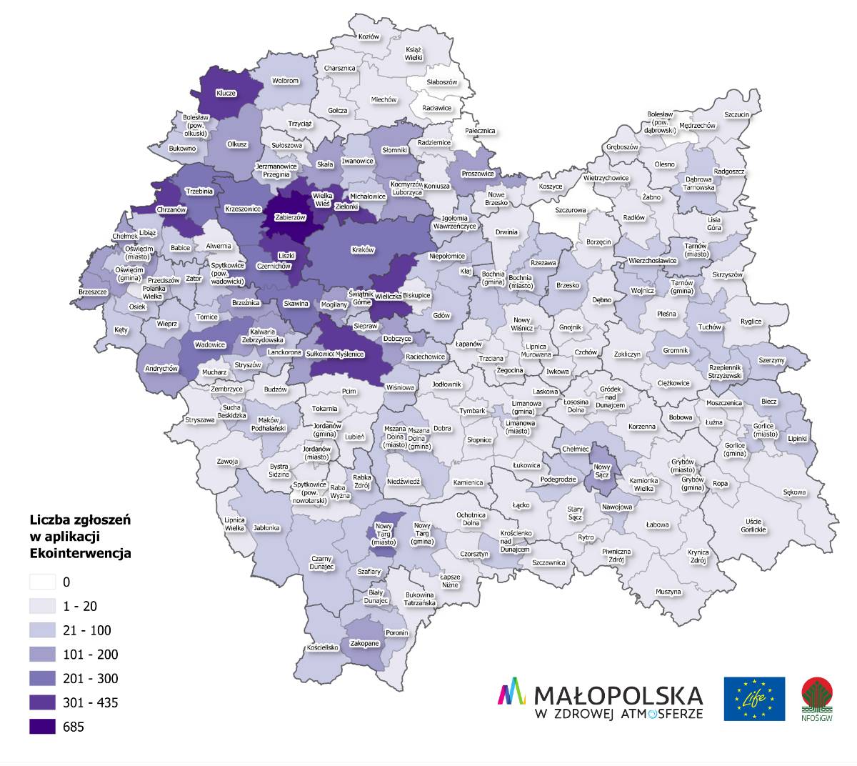 Mapka obrazująca liczbę osób uprawnionych do kontroli w małopolskich gminach