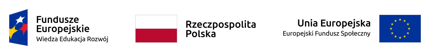Zestawienie logotypów zawierające od lewej: znak Funduszy Europejskich z podpisem Fundusze Europejskie Wiedza, Edukacja, Rozwój, flaga Polski z podpisem Rzeczpospolita Polska oraz flaga Unii Europejskiej z podpisem Unia Europejka Europejski Fundusz Społeczny