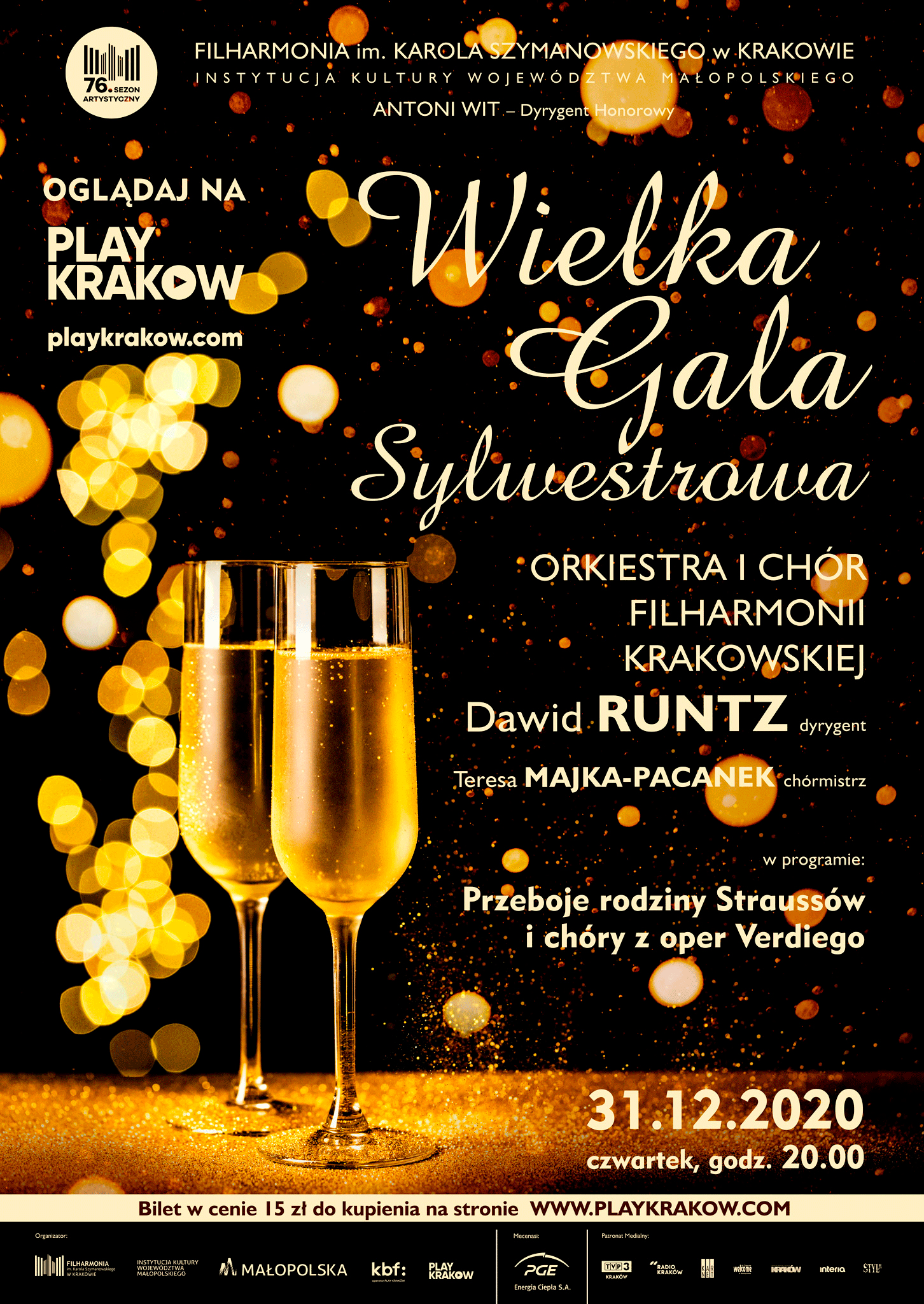Koncert Sylwestrowy w Filharmonii Krakowskiej. Plakat promujący wydarzenie.