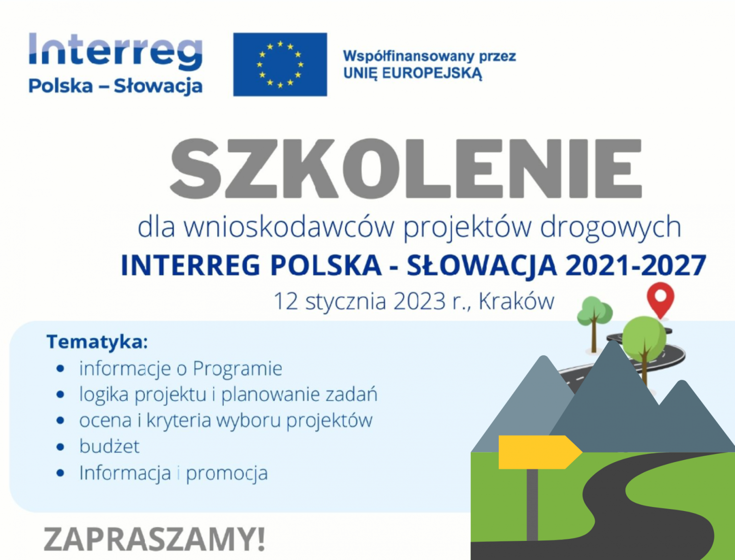 Baner promujący szkolenie dla wnioskodawców projektów drogowych w ramach programu Interreg Polska-Słowacja
