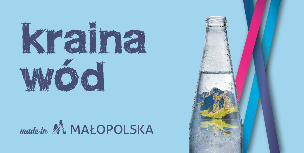 Grafika kampani. na niebieskim tle butelka i napis Kraina Wód