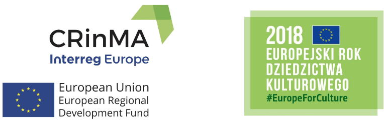 Logo projektu CRinMA z napisem Interreg Europe i flagą Unii Europejskiej obok, oznakowane graficznie godła promocyjnego Europejskiego Roku Dziedzictwa Kulturowego 2018, z napisem #EuropeForCulture.