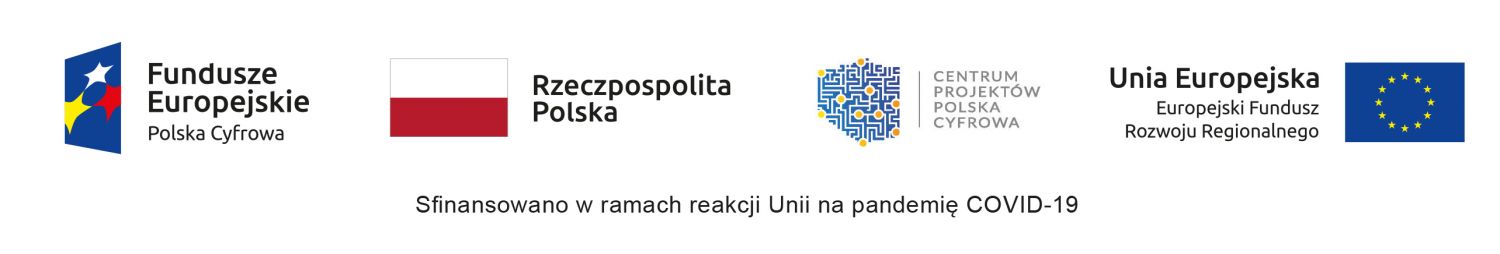 Logotypy Fundusze Europejskie. Polska Cyfrowa, Flaga i napis Rzeczpospolita Polska, Centrum Projektów. Polska Cyfrowa, Unii Europejskiej, 