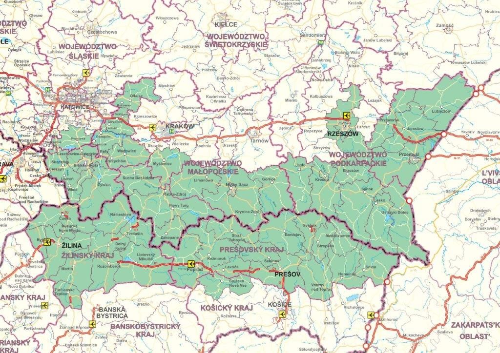 Mapa przedstawia obszar wsparcia nowego programu Interreg Polska-Słowacja. Przedstawia ona granice administracyjne podregionów i powiatów w Polsce i na Słowacji, które mogą skorzystać z dotacji finansowych na projekty transgraniczne. 