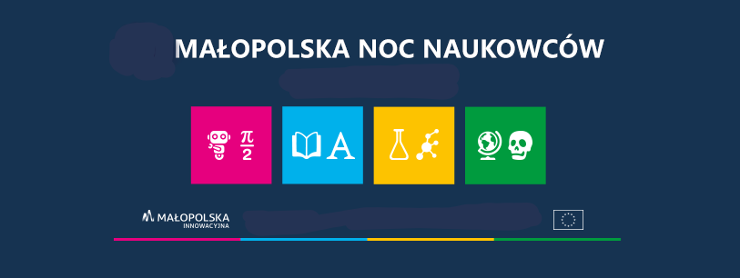 Grafika: na granatowym tle napis Małopolska Noc Naukowców oraz w małych kwadratach piktogramy: czaszka, globus, książka, liczba Pi, menzurka 