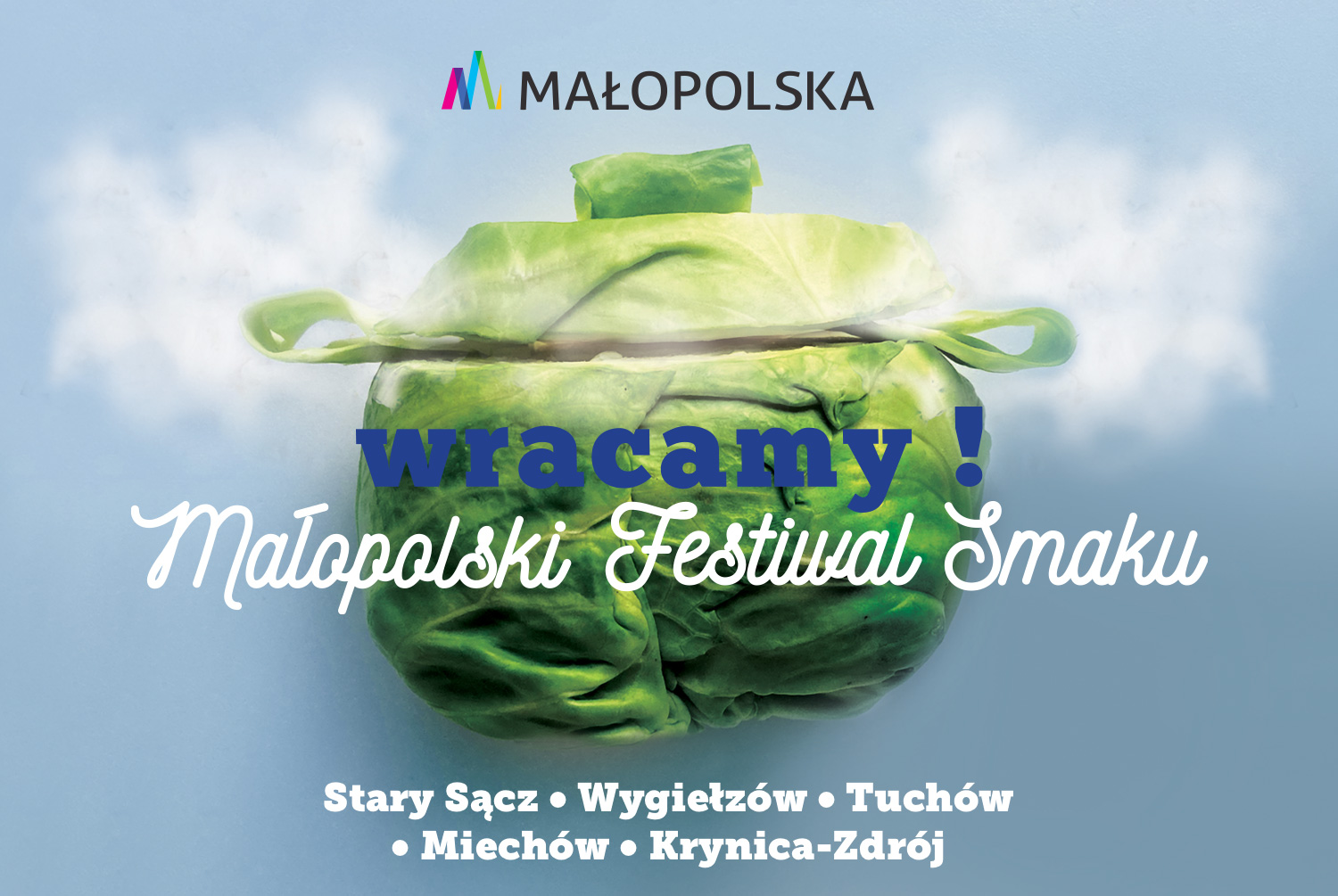 przedstawia kapustę w kształcie garnka, Napis Małopolski Festiwal Smaku Wracamy 