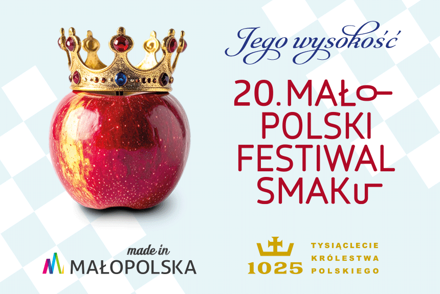 Jabłko, na którym znajduje się korona królewska oraz napis jego wysokość 20. Małopolski Festiwal Smaku