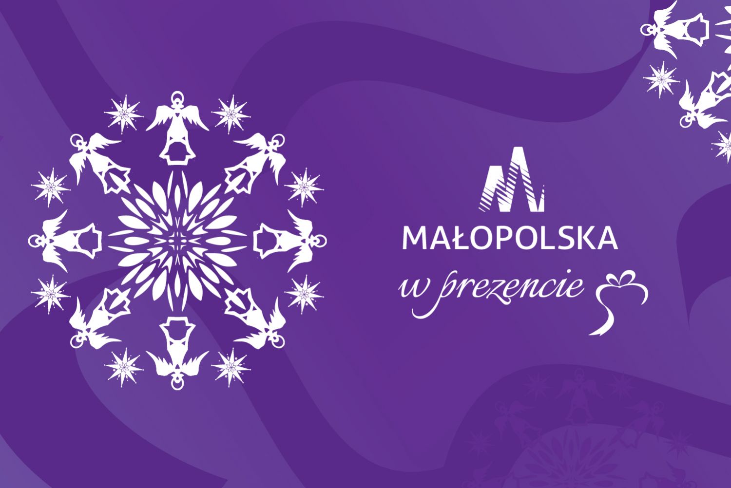 na filetowym tle białe śnieżynki i napis Małopolska w przencie