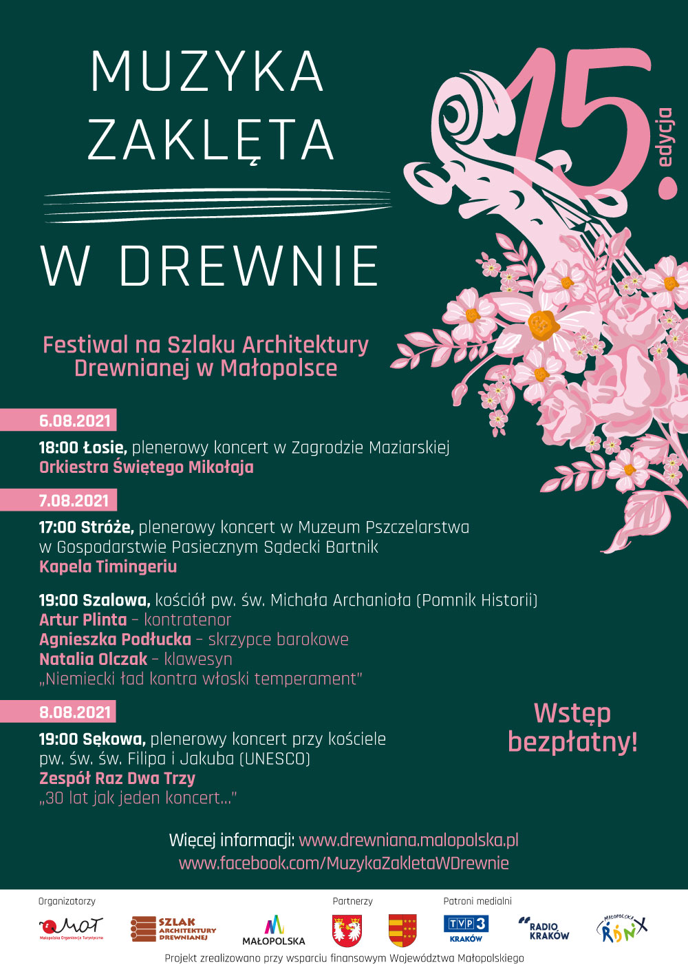 Plakat promujący festiwal pn. Muzyka Zaklęta w Drewnie.