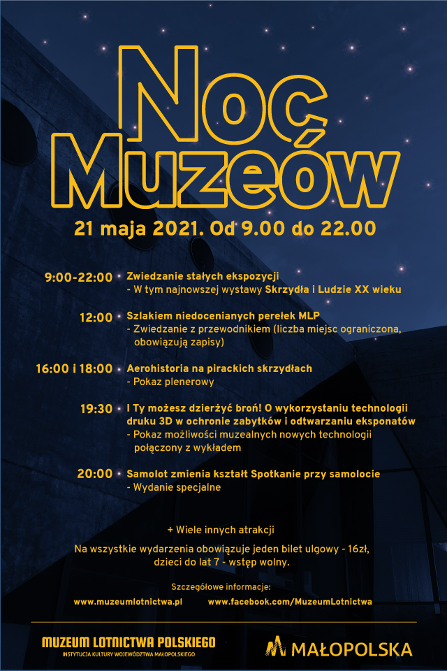 Grafika promująca Noc Muzeów w Muzeum Lotnictwa.