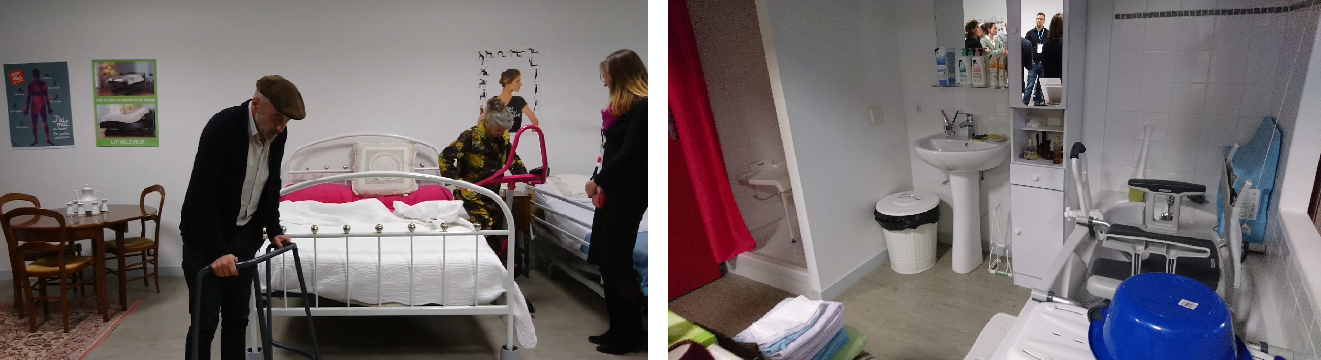 Centrum Wsparcia Opiekunów Nieformalnych we Francji - po lewej stronie pomieszczenie do odpoczynku dla opiekunów i ich podopiecznych, po prawej stronie testowany sprzęt i wposażenie do opieki nad osobami starszymi