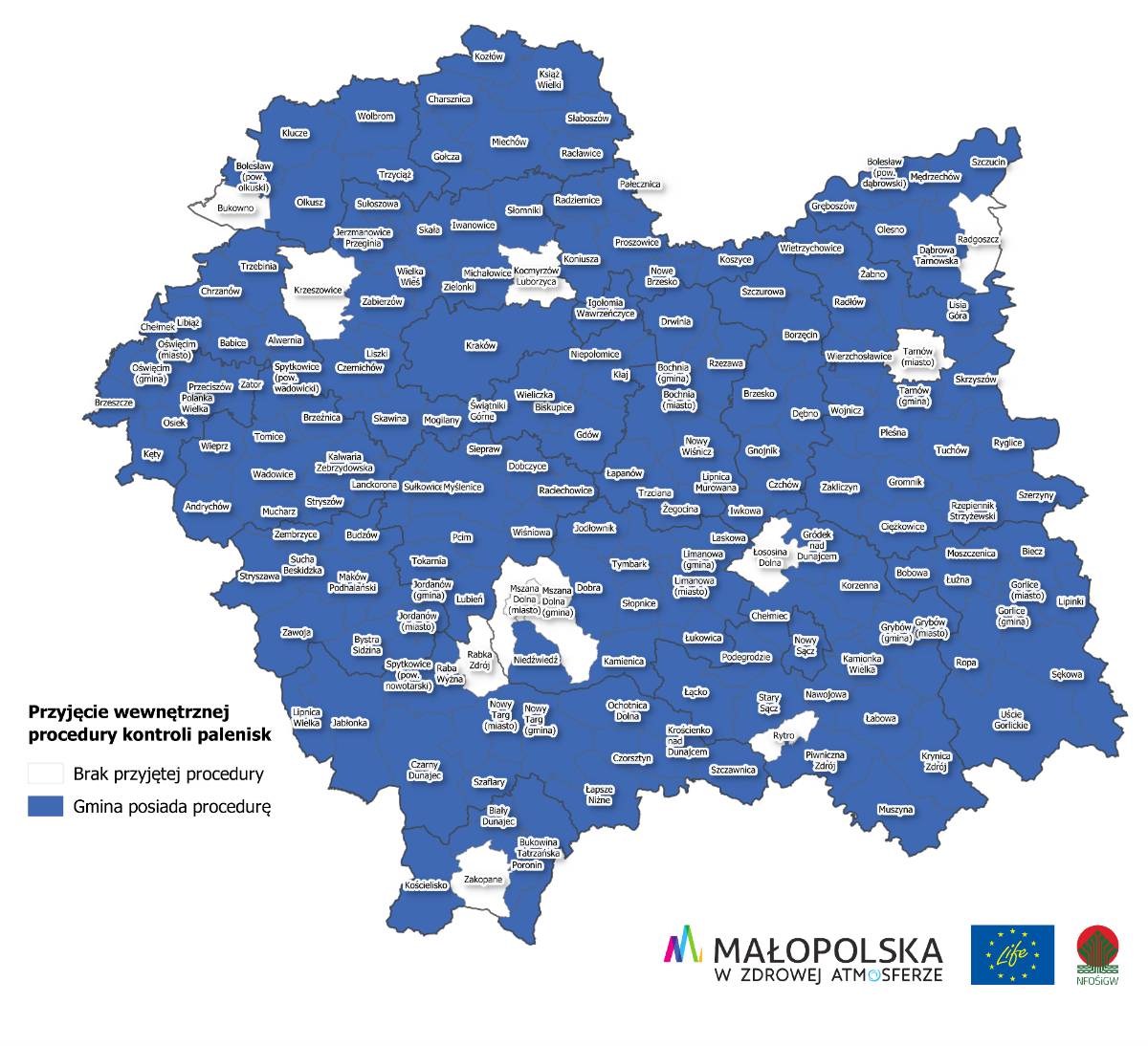 Mapka przedstawiająca gminy w Małopolsce, które przyjęły wewnętrzną procedurę kontroli palenisk
