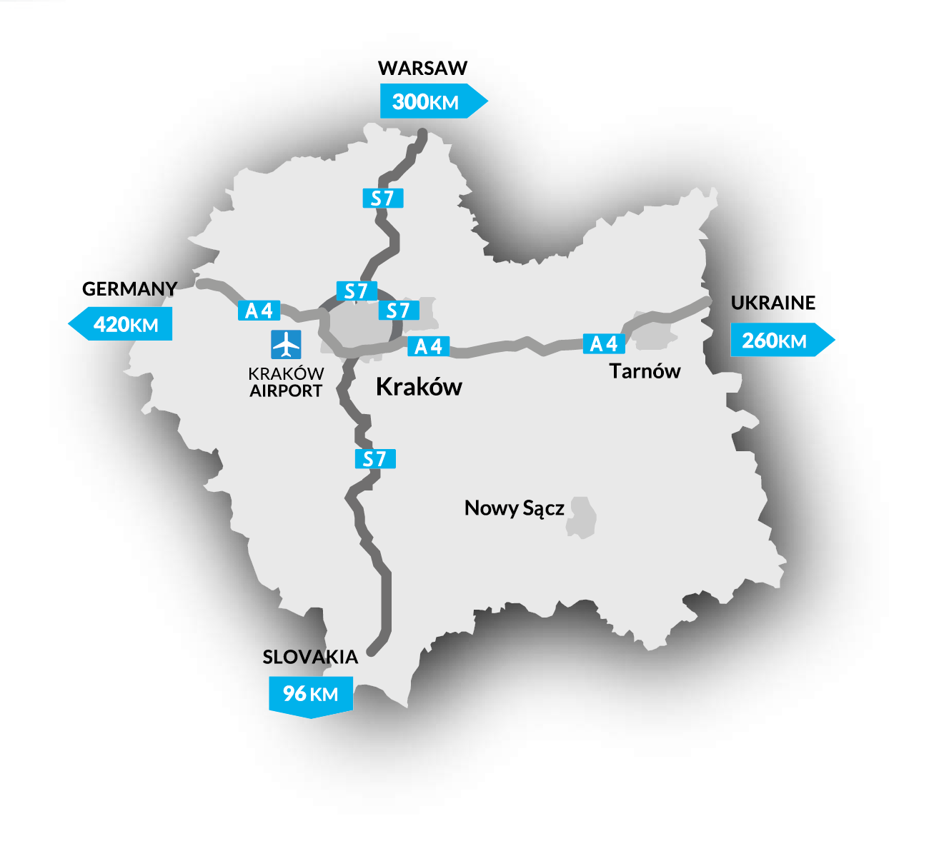 mapa Małopolski w zarysie z najaważniejszymi ciągami komunikacyjnymi