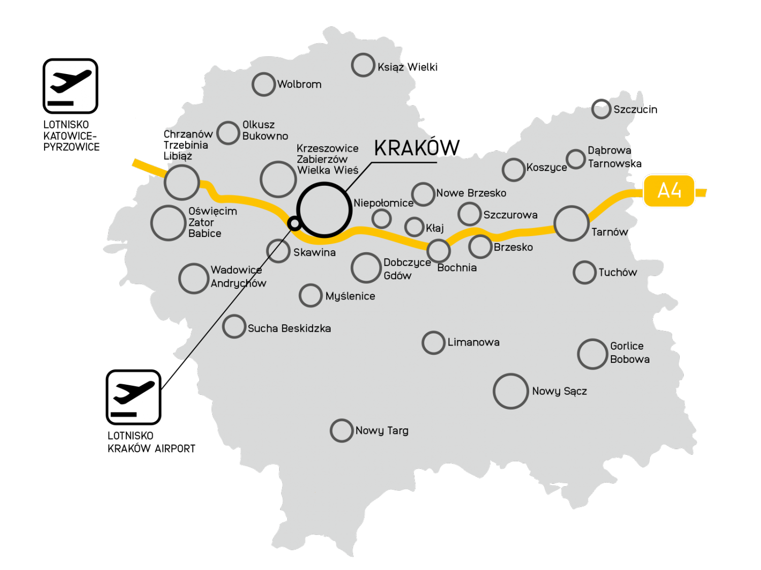 Mapa Małopolski z zaznaczonymi miastami siecią komunikacyjną