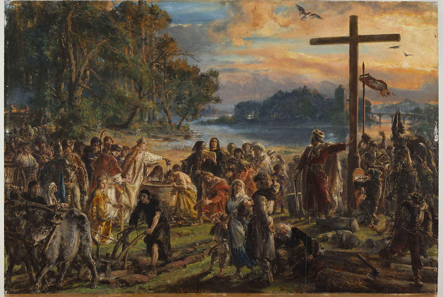 historyczny obraz z XIX wieku. Przedstawia mężczyznę przy krzyżu i zgormadzonych wokół niego ludzi