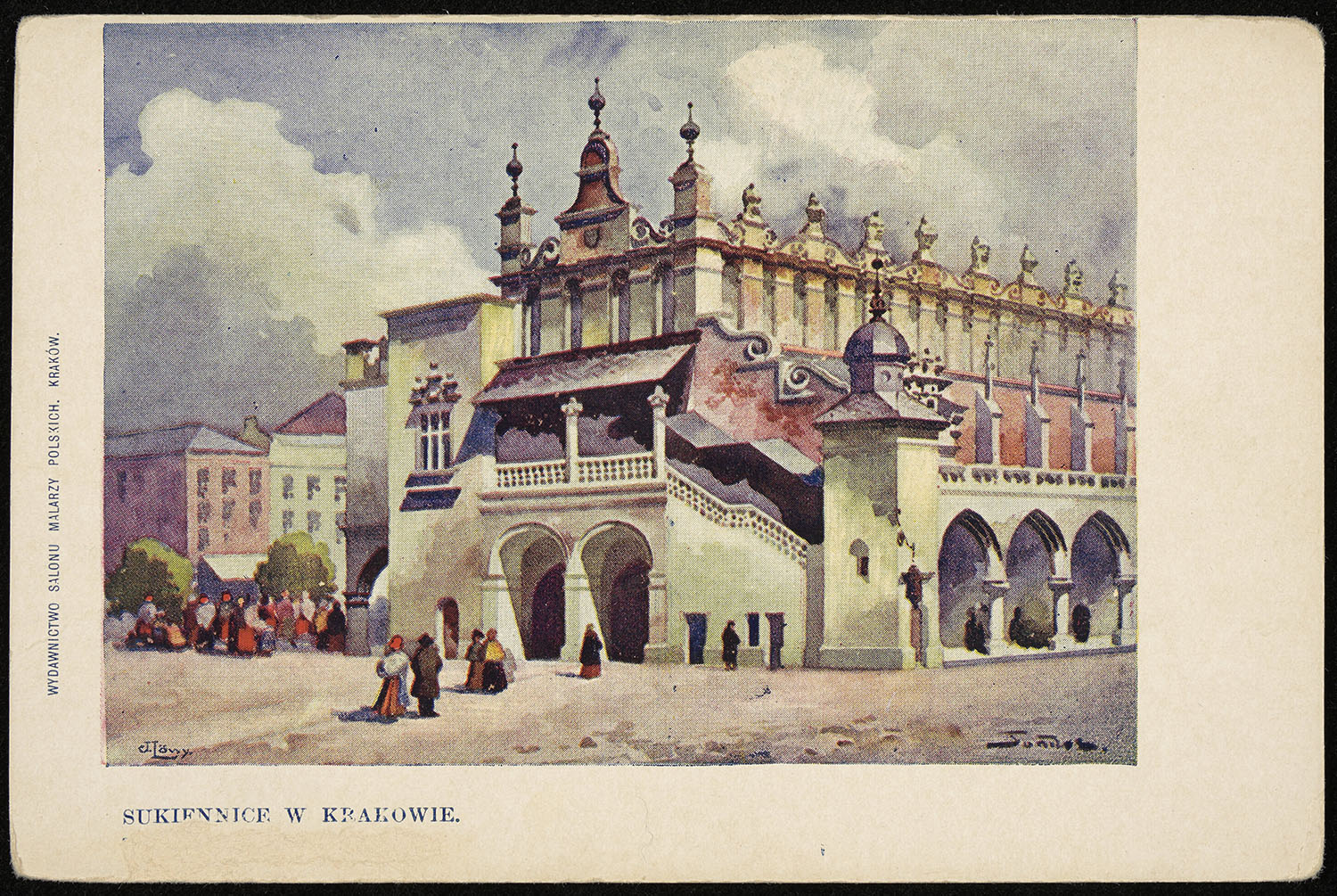 Pocztówka Sukiennice w Krakowie z ilustracją autorstwa Stanisława Tondosa, wydana przez Wydawnictwo Salonu Malarzy Polskich w Krakowie przed 1905 r.