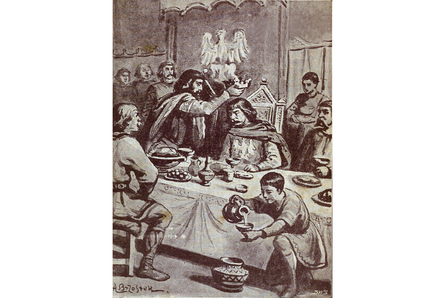 Ilustracja autorstwa Aleksandra Brzostka (1866–1911), przedstawiająca ucztę w Gnieźnie i moment nałożenia przez Ottona III diademu księciu Bolesławowi 