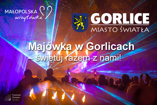 plakat wydarzenia. Iluminacje świetlne. Logo Miasta Gorlic i Logo Wizytówki Małopolski