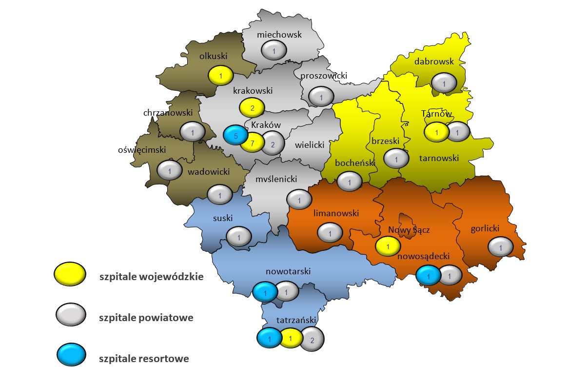 Mapa z rozmieszczeniem podmiotów leczniczych na terenie województwa małopolskiego