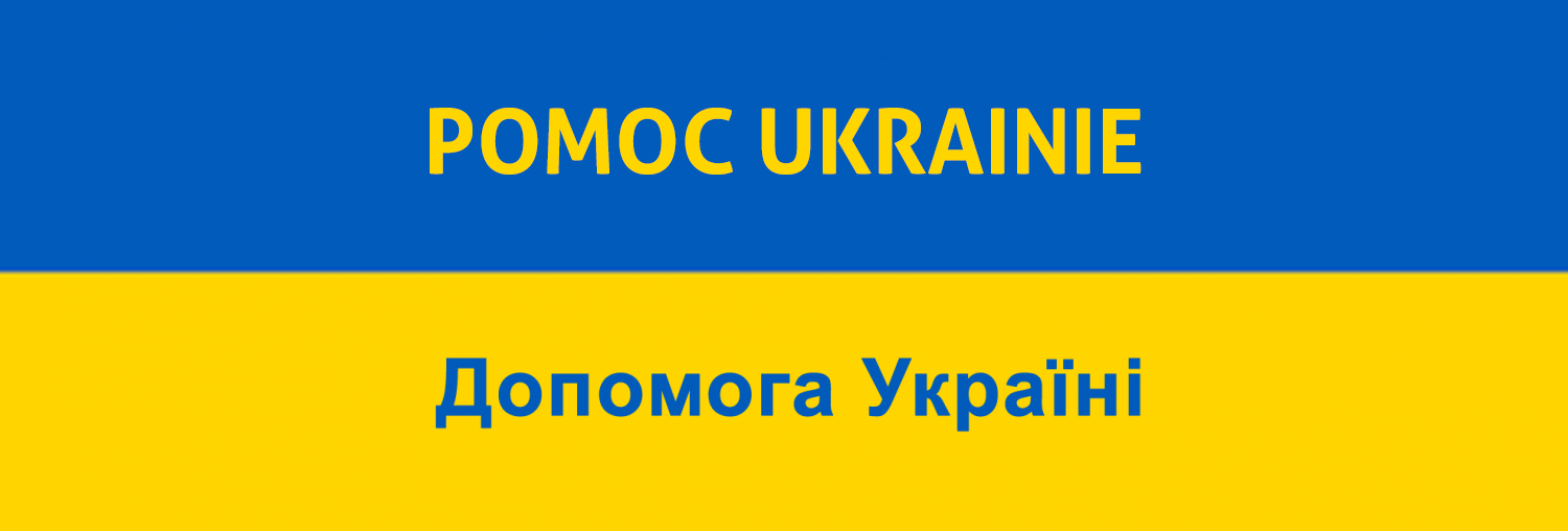 Ukraińska flaga i napis Pomoc Ukrainie w języku polskim i ukraińskim