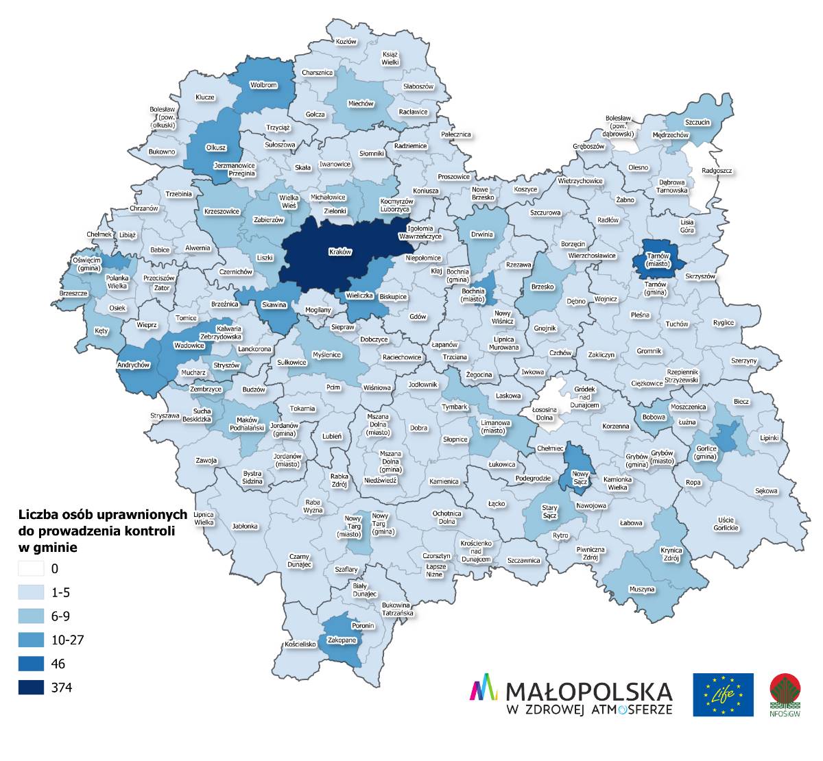 Mapka obrazująca liczbę osób uprawnionych do kontroli w małopolskich gminach