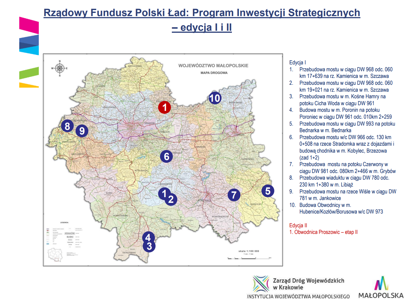 Mapa inwestycji. Na mapie małopolski zaznaczono 12 punkót, w których powstana inwestycje drogowe
