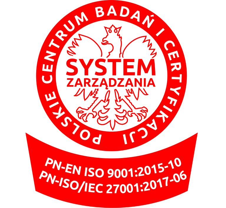 Logotyp Polskiego Centrum Badań i Certyfikacji S.A. dla Zintegrowanego Systemu Zarządzania: ISO 9001 - System Zarządzania Jakością i ISO 27001 - System Zarządzania Bezpiecześńtwem Informacji