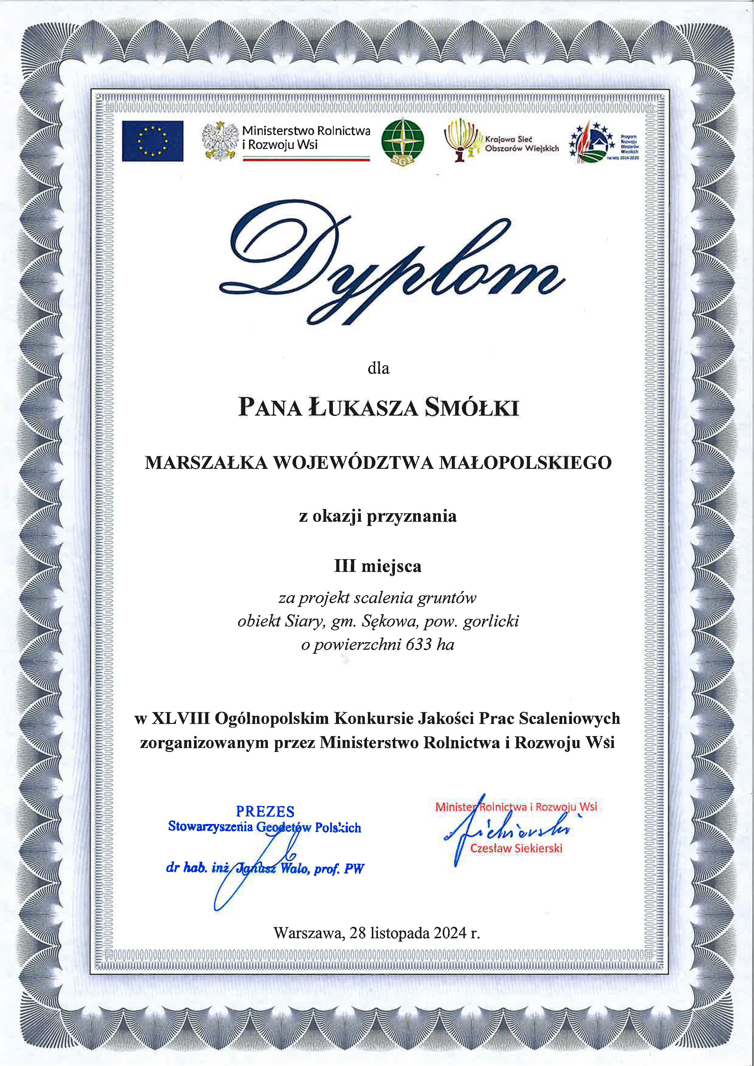 Dyplom za zajęcie III miejsca w ogólnopolskim konkursie jakości prac scaleniowych