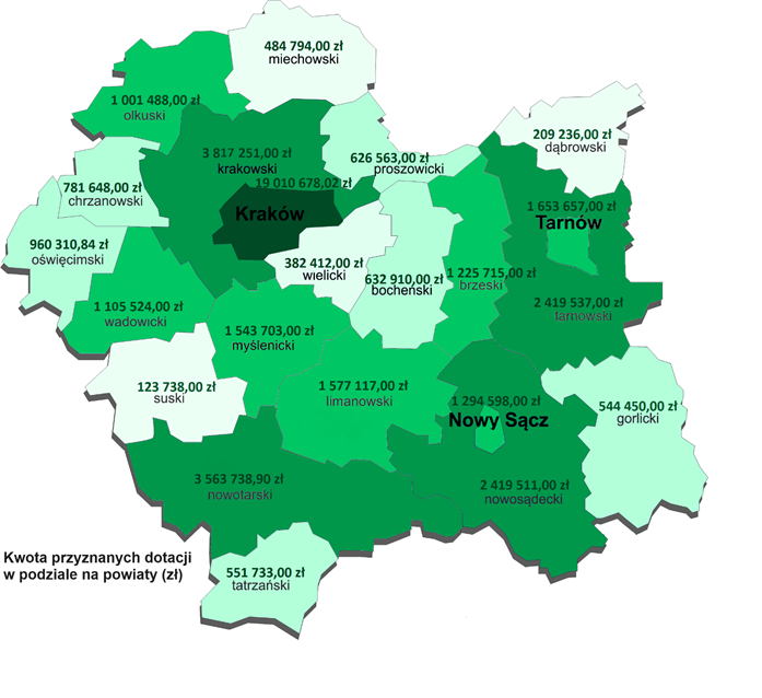 Mapa Małopolski z podziałem na powiaty i kwoty dotacji dla NGO