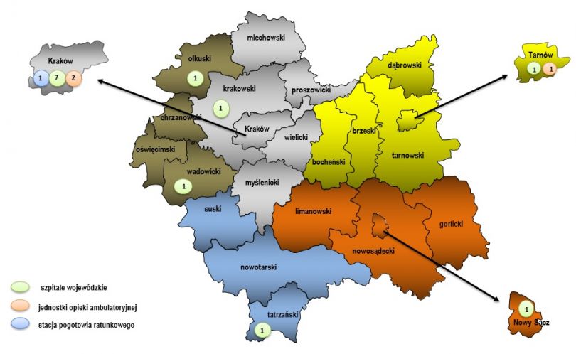 Mapa przedstawiająca rozmieszczenie wojewódzkich podmiotów leczniczych na terenie województwa małopolskiego
