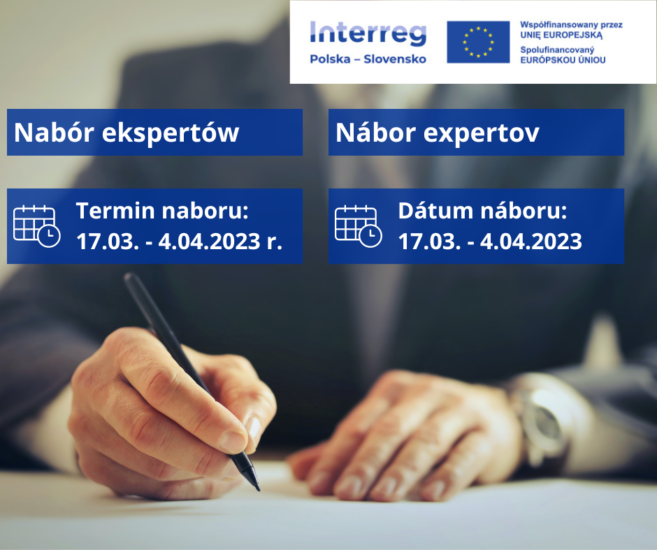 Baner promujący nabór ekspertów do programu Interreg Polska-Słowacja. Na banerze tekst w j. polskim i słowackim określający termin naboru: 17.03.-04.04.2023 r.