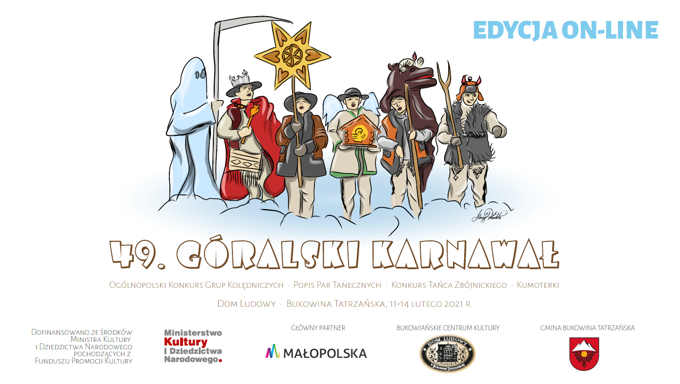 Plakat wydarzenia. Grafika przedstawiająca kolędników oraz napis 49 Góralski Karnawał, 11-14 lutego 