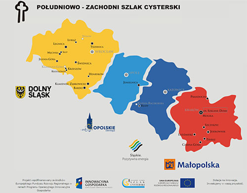 Mapa czterech województw z zaznaczonymi obiektami na szlaku